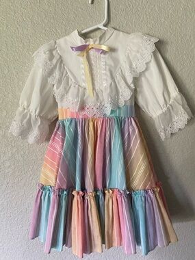 Vintage White Lace Bodice Pastel Rainbow Tiered Girls' Dress